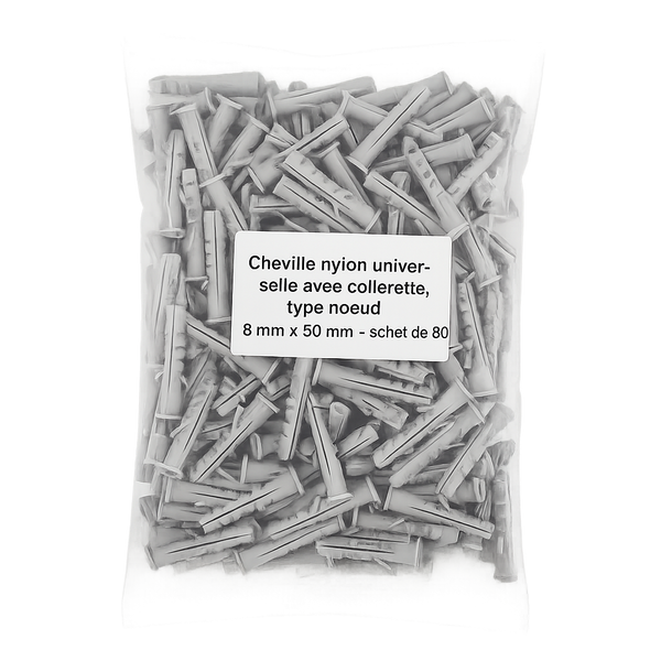 INF-CHEVILLE8 - Cheville nylon universelle avec collerete, type nœud 8 mm x 50 mm - sachet de 80 - (LOT 10)